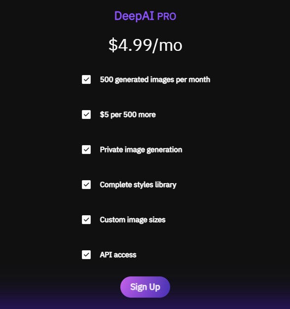 DeepAI Image Generation Pricing